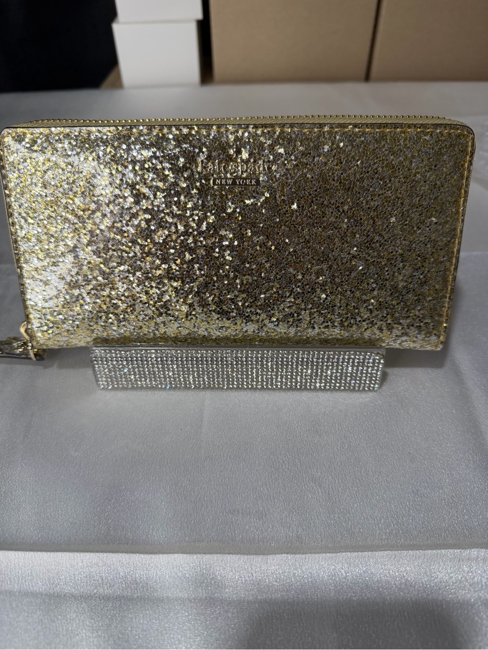 Kate Spade gold glitter clear coat long wallet brand new with story line
